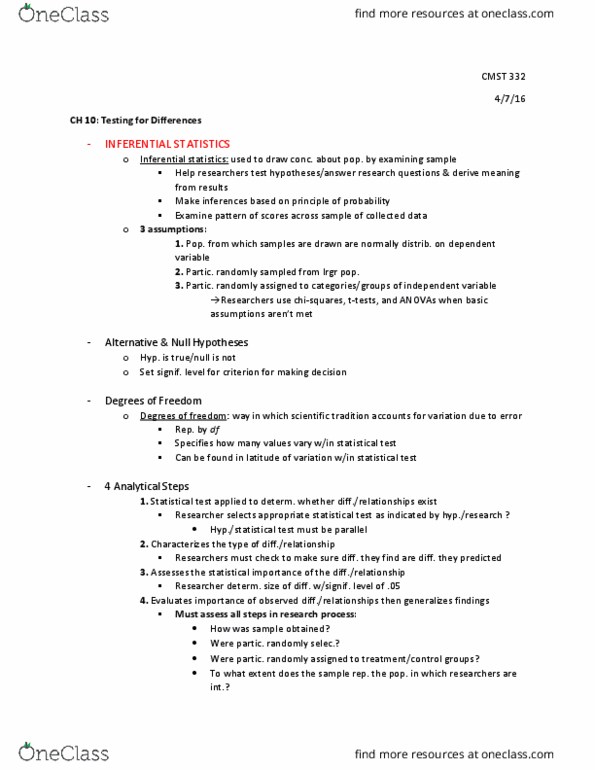 CMST 332 Chapter Notes - Chapter 10: Statistical Inference, Statistical Hypothesis Testing, Analysis Of Variance thumbnail
