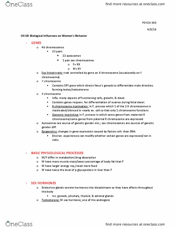 PSYC 345 Chapter Notes - Chapter 10: X-Inactivation, Allosome, Y Chromosome thumbnail