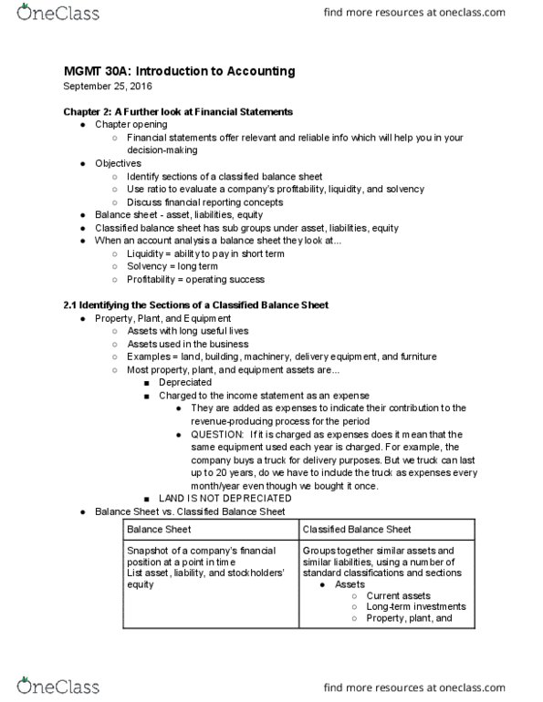 MGMT 30A Chapter Notes - Chapter 2: Balance Sheet, Financial Statement, Current Liability thumbnail