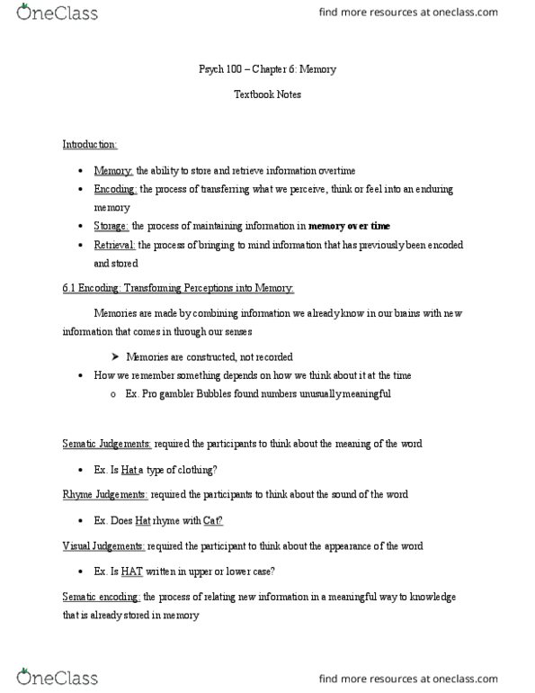 PSYC 100 Chapter Notes - Chapter 6: Psych, Explicit Memory, Wond thumbnail