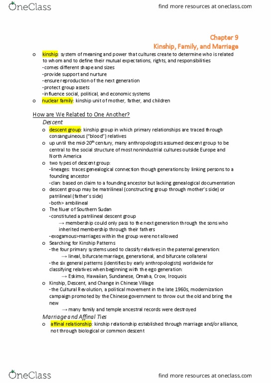 ANTH 2 Chapter Notes - Chapter 9: Kinship, Consanguinity, Nuclear Family thumbnail