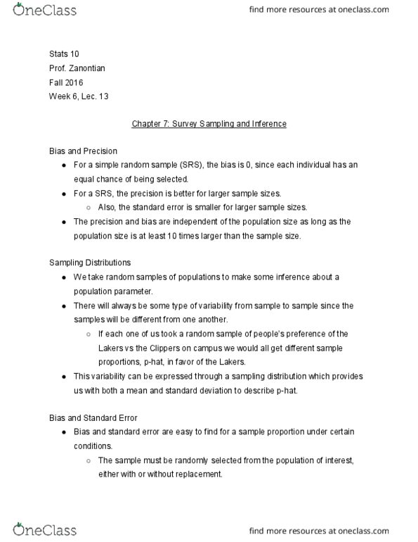 STATS 10 Lecture Notes - Lecture 13: Simple Random Sample, Standard Error, Sampling Distribution thumbnail