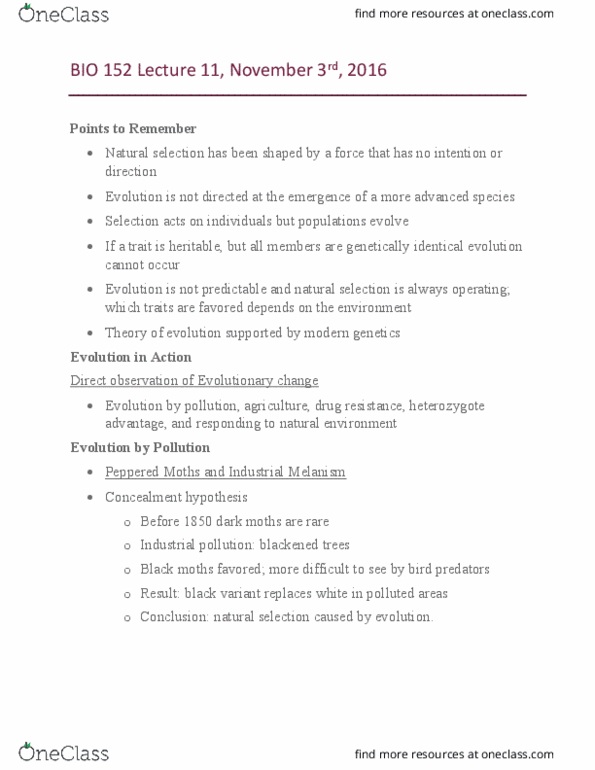 BIO152H5 Lecture Notes - Lecture 11: Heterozygote Advantage, Melanism, Drug Resistance thumbnail