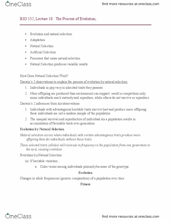 BIO152H5 Lecture Notes - Lecture 10: Allele Frequency, Natural Selection thumbnail