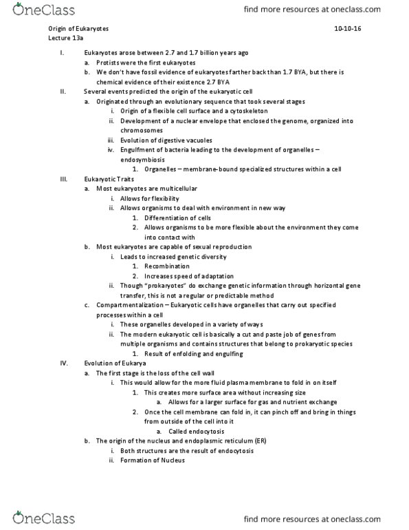 BIO 200 Lecture Notes - Lecture 13: Cyanobacteria, Eukaryote, Chloroplast thumbnail