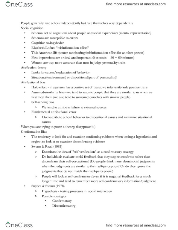 PSYC 2740 Lecture Notes - Lecture 4: Elizabeth Loftus, Attribution Bias, Social Cognition thumbnail