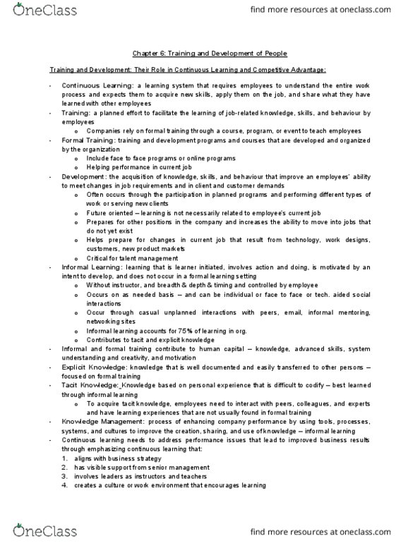 COMMERCE 2BC3 Chapter Notes - Chapter 6: Informal Learning, Explicit Knowledge, Learning Management System thumbnail