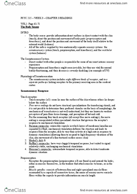 PSYC 215 Lecture Notes - Lecture 5: Bulbous Corpuscle, Lamellar Corpuscle, Postcentral Gyrus thumbnail