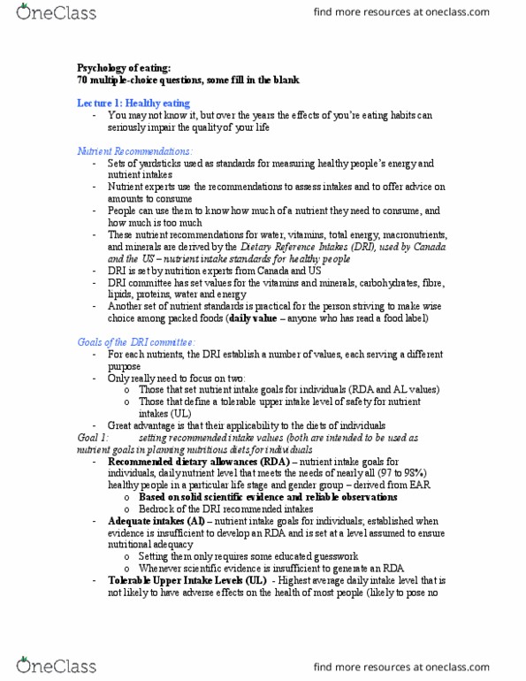 Psychology 2054A/B Lecture Notes - Lecture 1: Dietary Reference Intake, Healthy Diet, Osteoporosis thumbnail