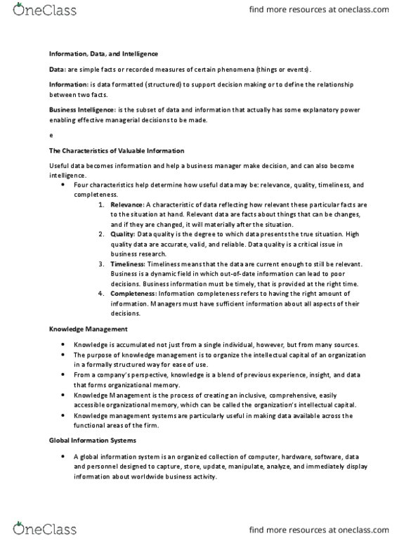 MGT 201 Chapter Notes - Chapter 2: Data Quality, Business Intelligence, Intellectual Capital thumbnail