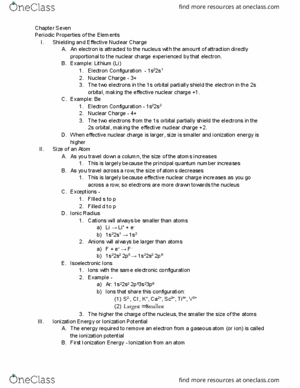 CHE 101 Chapter Notes - Chapter 7: Electron Configuration, Xenon Difluoride, Electron Affinity thumbnail