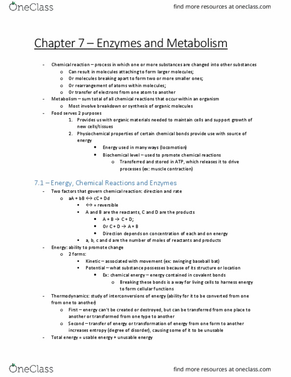 BIOL 1F90 Chapter Notes - Chapter 7: Firstenergy, Organic Compound, Thermodynamics thumbnail