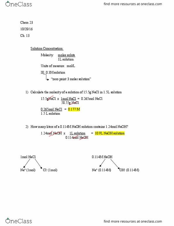CHEM 023 Lecture Notes - Lecture 23: Sodium Chloride, Molar Concentration, Reagent thumbnail