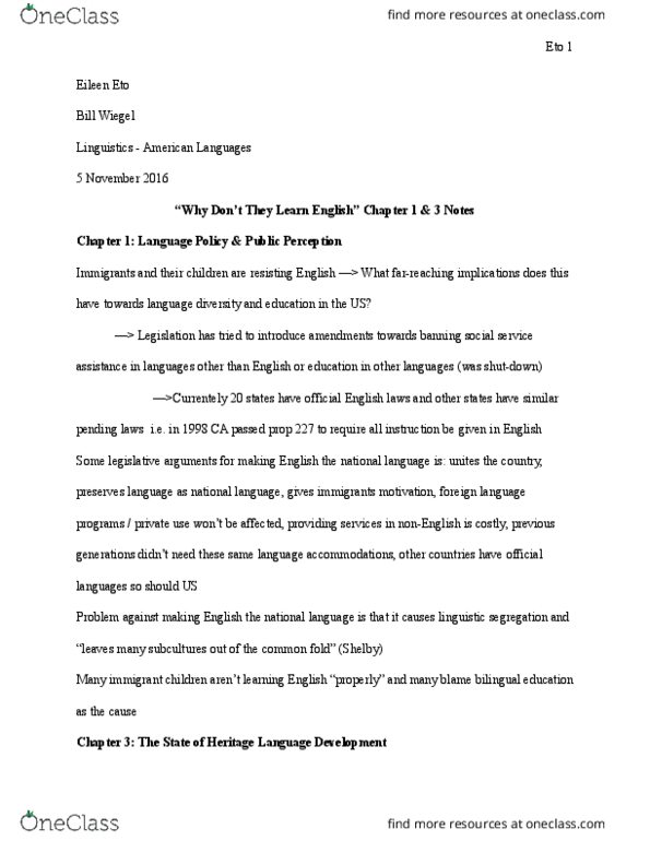 LINGUIS 155AC Chapter Notes - Chapter 1, 3: English Language In England, Bilingual Education, Heritage Language thumbnail