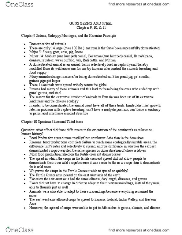UNIV 1200 Chapter Notes - Chapter 9-11: Guns, Germs, And Steel, Banteng, Selective Breeding thumbnail