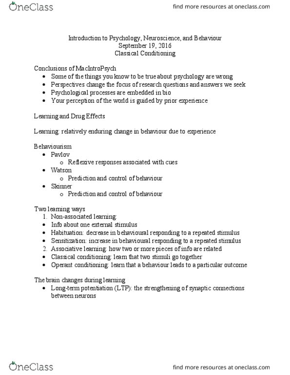 PSYCH 1X03 Lecture Notes - Lecture 2: Classical Conditioning, Learning, Behaviorism thumbnail