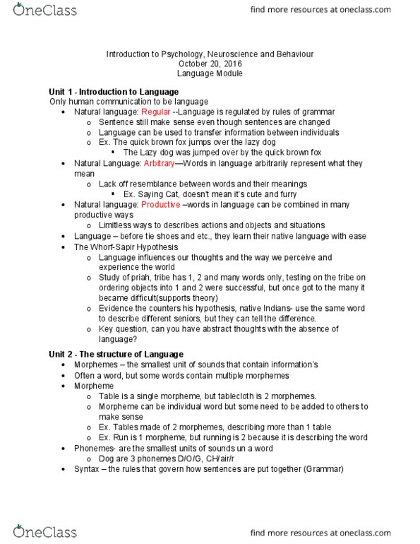 PSYCH 1X03 Lecture Notes - Lecture 5: Natural Language, Phoneme, Speech Segmentation thumbnail