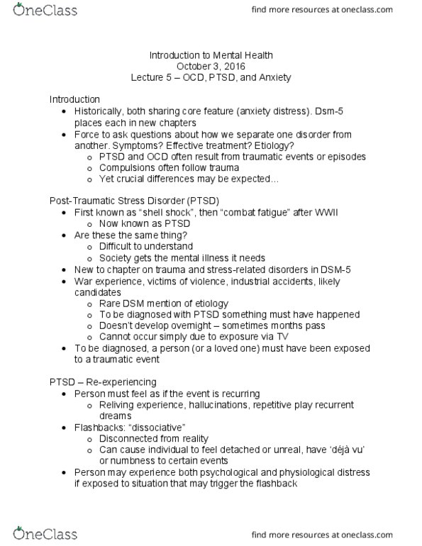 HLTHAGE 1CC3 Lecture Notes - Lecture 9: Combat Stress Reaction, Posttraumatic Stress Disorder, Dsm-5 thumbnail