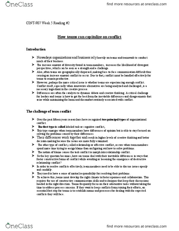 SWP 907 Lecture 5: CINT-907 Week 5 Reading #2 How teams can capitalize on conflict thumbnail