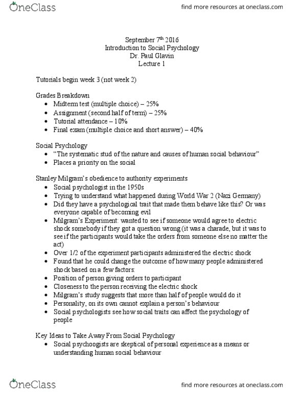 SOCPSY 1Z03 Lecture Notes - Lecture 1: Scientific Method, Social Influence thumbnail