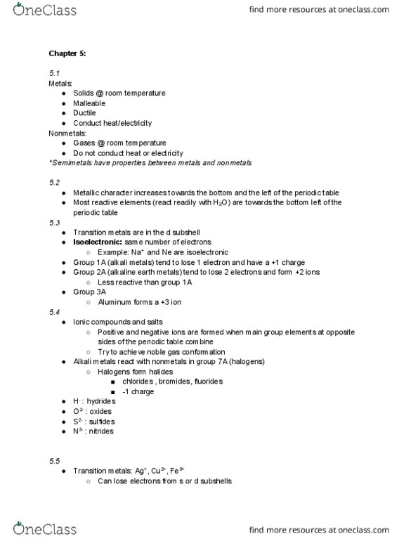 CHEM 1410 Chapter Notes - Chapter 5: Alkali Metal, Isoelectronicity, Alkaline Earth Metal thumbnail