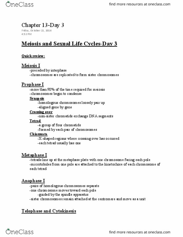LIFE 102 Lecture Notes - Lecture 31: Sister Chromatids, Synapsis, Interphase thumbnail