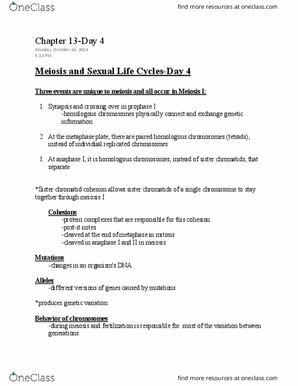 LIFE 102 Lecture Notes - Lecture 32: Sister Chromatids, Synapsis, Metaphase thumbnail