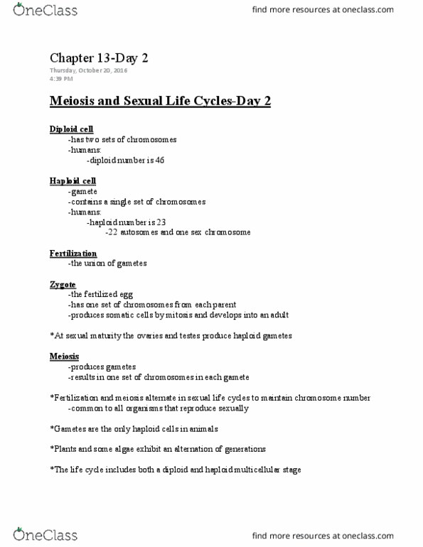 LIFE 102 Lecture Notes - Lecture 30: Ploidy, Gamete, Zygote thumbnail