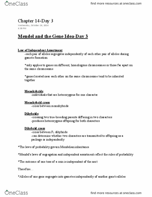 LIFE 102 Lecture Notes - Lecture 35: Gamete, Chromosome, Mendelian Inheritance thumbnail