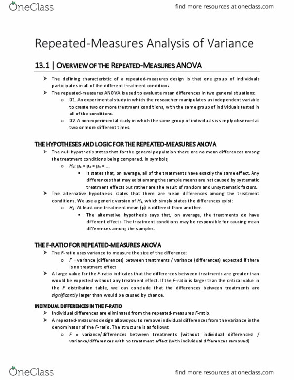 PSYC 2530 Chapter Notes - Chapter 13: Repeated Measures Design, Statistical Hypothesis Testing, Friedman Test thumbnail