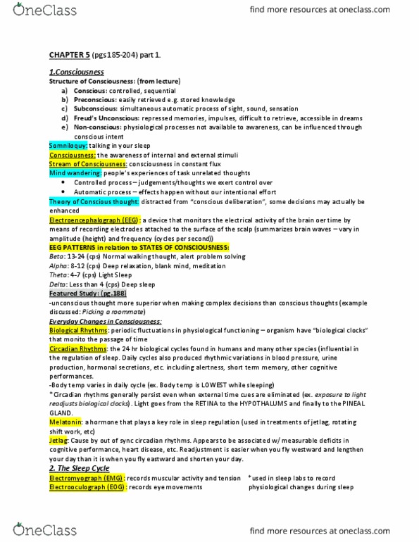 PSYC 1010 Chapter Notes - Chapter 5: Melatonin, Narcolepsy, Motor Coordination thumbnail