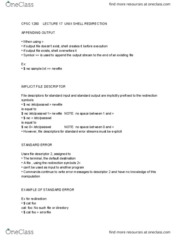 CPSC 1280 Lecture Notes - Lecture 17: Rmdir, Unix Shell, Mkdir thumbnail