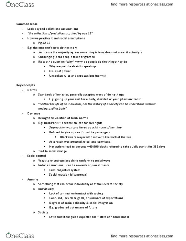 SA 150 Lecture Notes - Lecture 2: Cultural Relativism, Social Forces, Social Control thumbnail