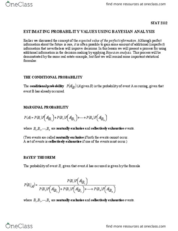 STAT 203 Lecture Notes - Lecture 3: Expected Value Of Perfect Information, Collectively Exhaustive Events thumbnail