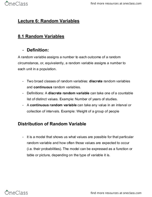 STATS 250 Lecture Notes - Lecture 6: Standard Deviation, Random Variable, Sample Space thumbnail