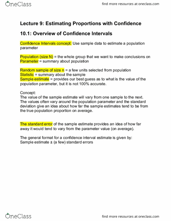 STATS 250 Lecture Notes - Lecture 9: Standard Deviation, Normal Distribution, Confidence Interval thumbnail