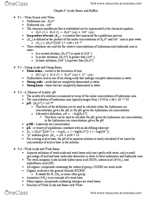 CHEM 100 Chapter Notes - Chapter 9: Acid Dissociation Constant, Hydronium, Dissociation Constant thumbnail