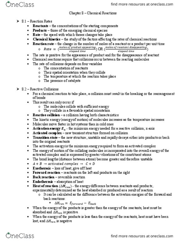 CHEM 100 Chapter Notes - Chapter 8: Reaction Rate, Equilibrium Constant, Reversible Reaction thumbnail