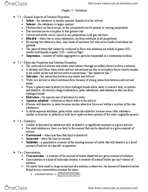 CHEM 100 Chapter Notes - Chapter 7: Solution, Solvation, Miscibility thumbnail