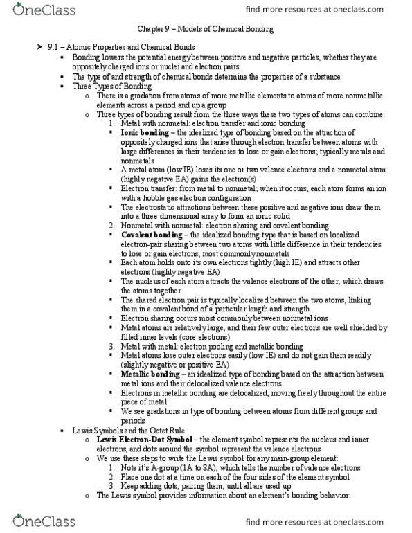 CHEM 200 Chapter Notes - Chapter 9: Delocalized Electron, Valence Electron, Metallic Bonding thumbnail