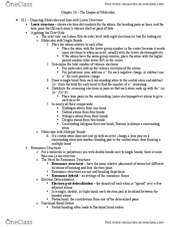 CHEM 200 Chapter Notes - Chapter 10: Octet Rule, Lewis Structure, Fluorine thumbnail