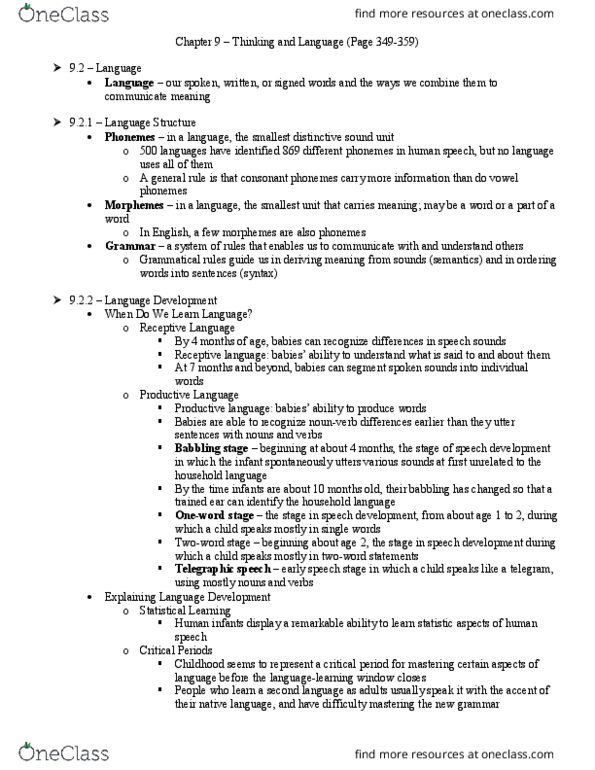 PSY 101 Chapter Notes - Chapter 9: Babbling, Aphasia, Frontal Lobe thumbnail