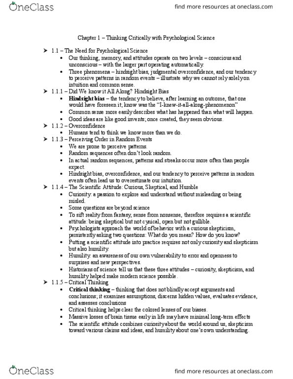 PSY 101 Chapter Notes - Chapter 1: Critical Thinking, Psychological Science, Scale-Invariant Feature Transform thumbnail