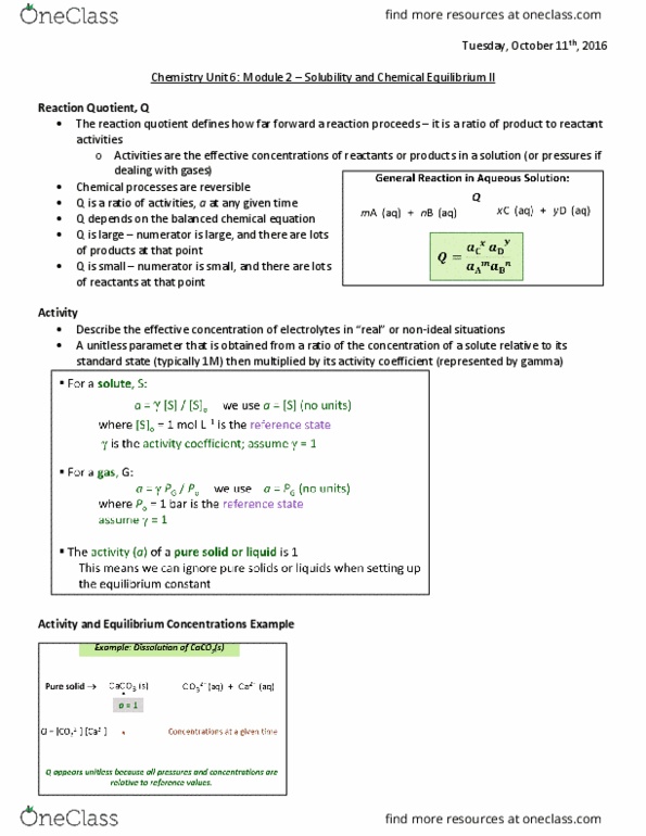 CHEM 1A03 Chapter Notes - Chapter Unit 6 Module 2: Reaction Quotient, Chemical Equation, Lipophilicity thumbnail