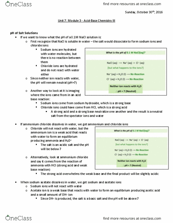 CHEM 1A03 Chapter Notes - Chapter Unit 7 Module 3: Ammonium Chloride, Sodium Acetate, Spectator Ion thumbnail