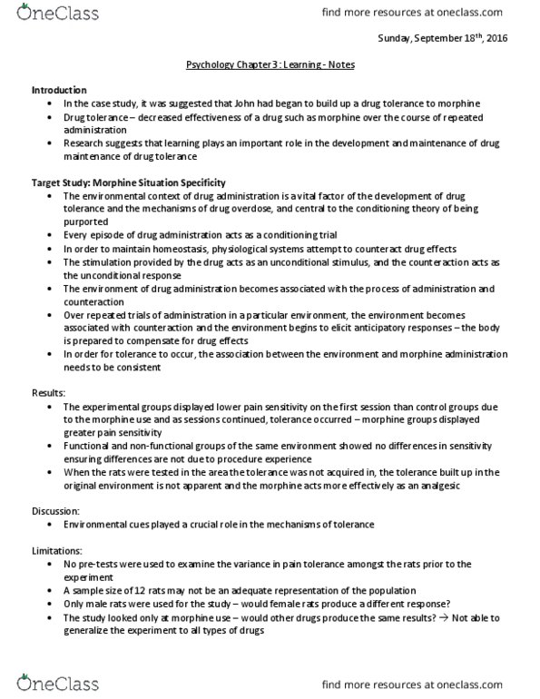 PSYCH 1X03 Chapter Notes - Chapter 3: Drug Tolerance, Analgesic, Learning thumbnail