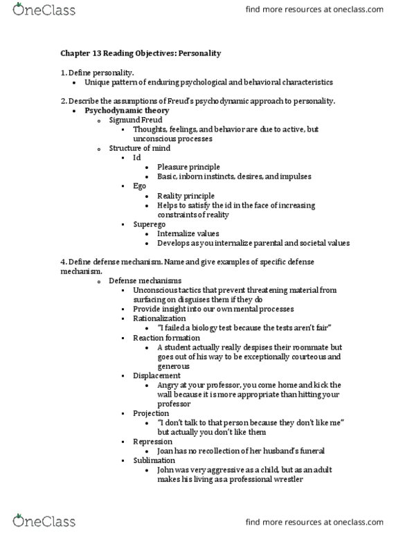 PY - Psychology PY 100S Chapter Notes - Chapter 13: Sigmund Freud, Psychodynamics, Reaction Formation thumbnail
