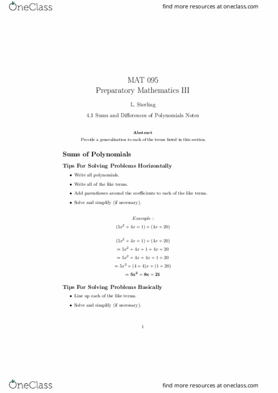 MAT 095 Lecture 7: 4.1 Sums and Differences of Polynomials Notes thumbnail