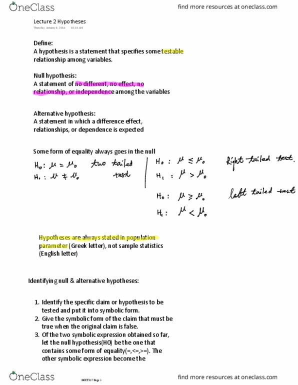 MKT 317 Lecture Notes - Lecture 1: Null Hypothesis, Graduate Management Admission Test, Statistical Hypothesis Testing thumbnail