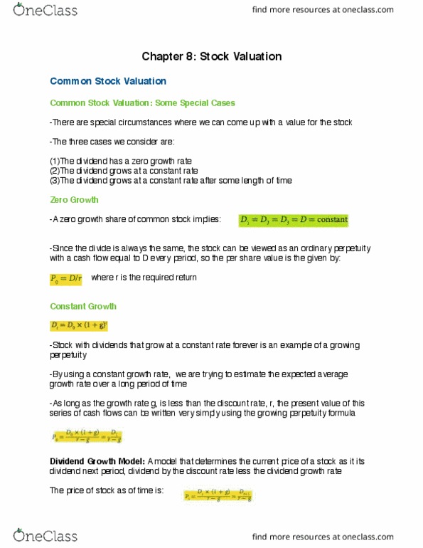 FIN 300 Chapter Notes - Chapter 8: Stock Valuation, Time Zero, Cash Flow thumbnail